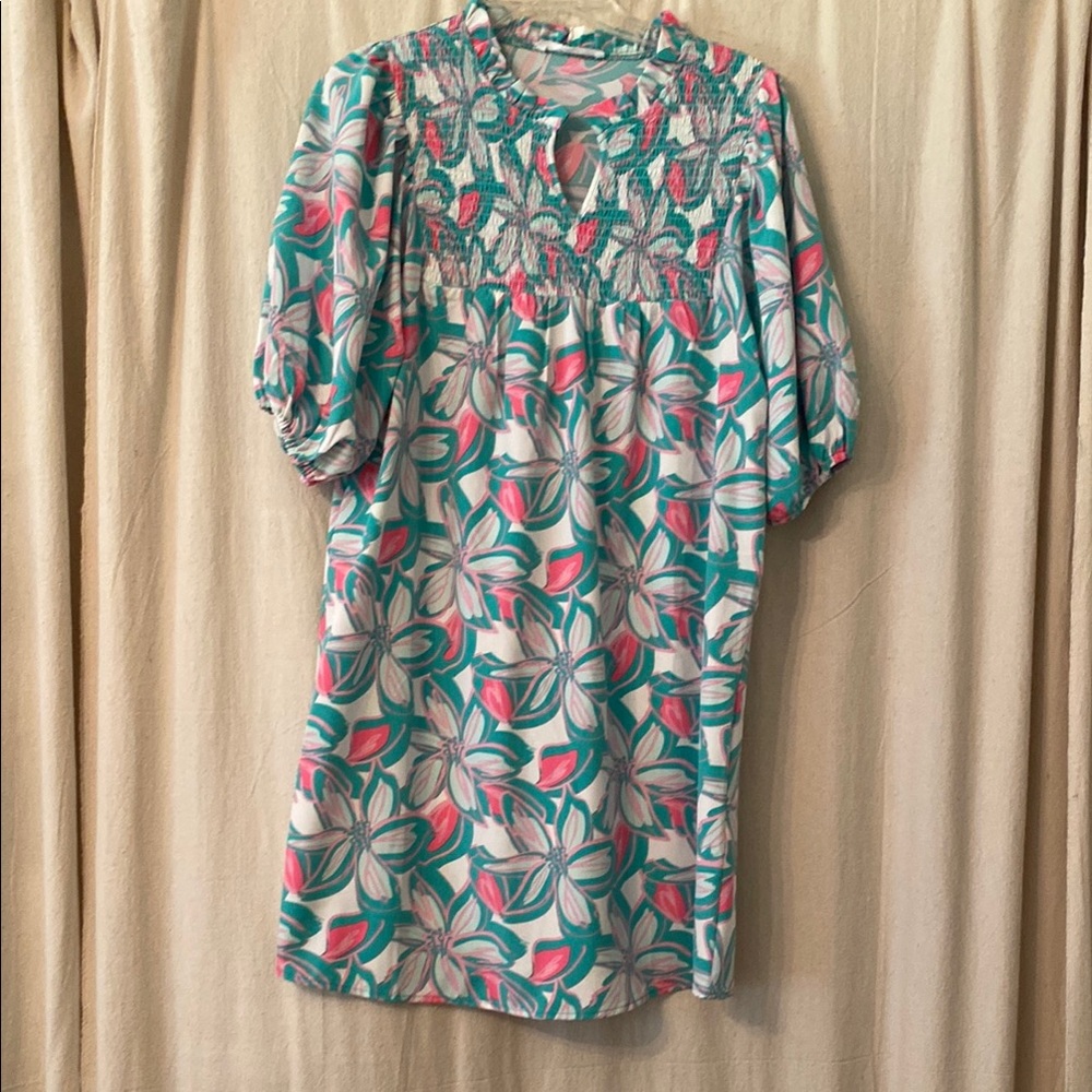 Blue and Pink Puff Sleeve Mini Sundress